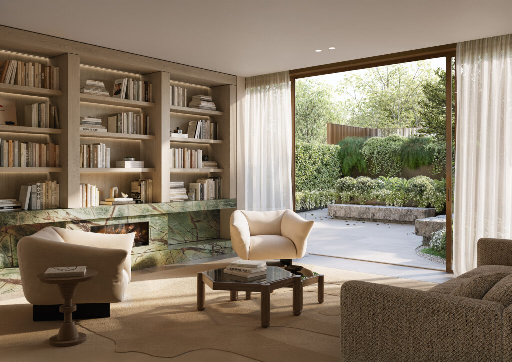 A modern living room with built-in bookshelves, a green marble fireplace, two white armchairs, a beige sofa, and a coffee table. Large glass doors open to a lush garden with stone seating and greenery.